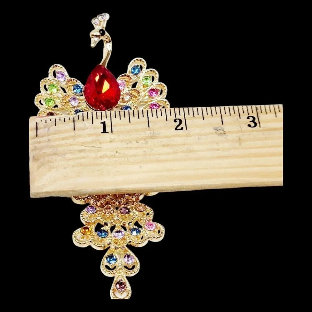 Beautifull Large Gold‎ Peacock With Multi-Colored Rhinestones Brooch Pin Pendant